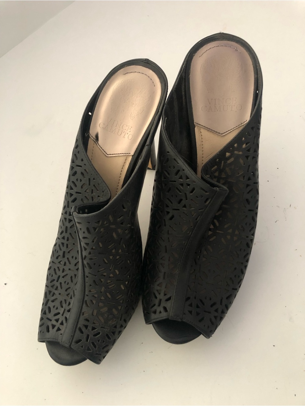 Vince Camuto Black Laser-Cut Peep-Toe Mules with Slip-On Heel